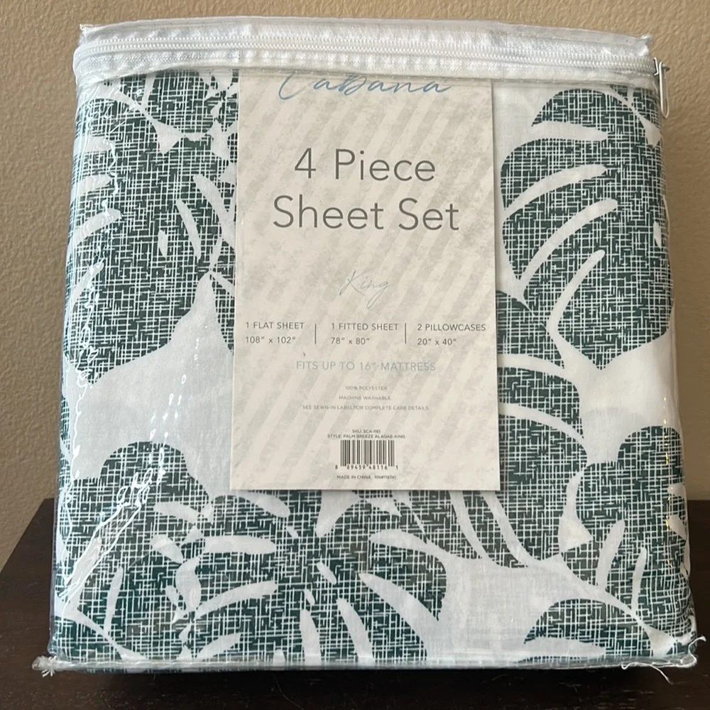 Cabana Home Collection 4PC King Sheet Set New Tropical Palm Fronds